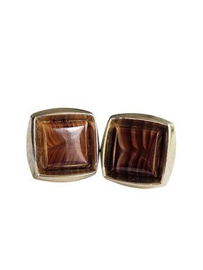 Signed Hickok USA goldtone Tiger's eye stone mid-century cufflinks